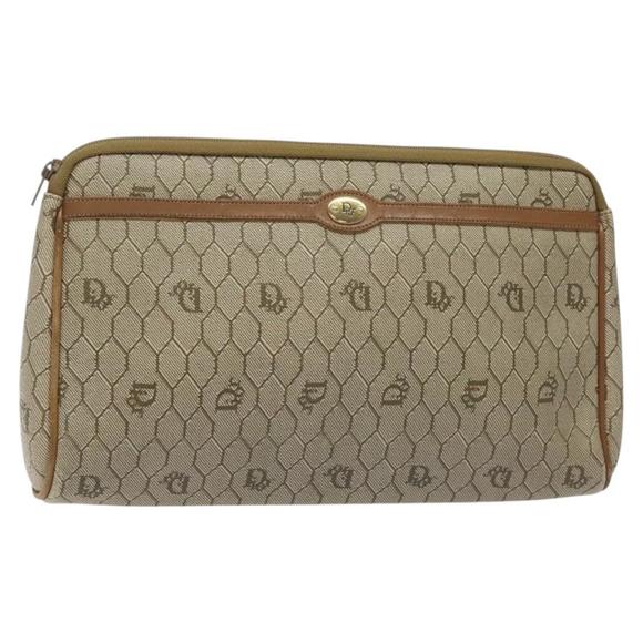 Christian Dior Honeycomb Canvas Clutch Bag PVC Beige Gold Auth ti3116 - Picture 1 of 16